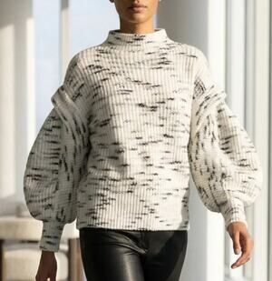 Varley Belgrave Dalmation Knit Egret & Charcoal Puffy Balloon Sleeves Sweater M